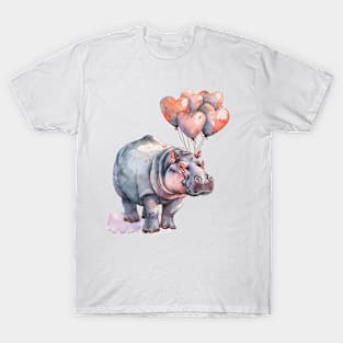 Valentine Hippopotamus Holding Heart Shaped Balloons T-Shirt